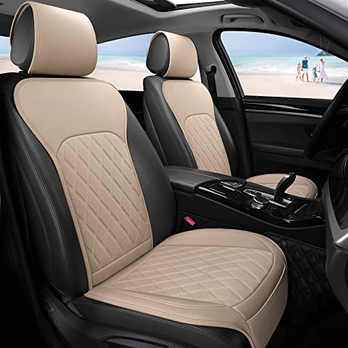 Sanwom Universal Front Leather Car Seat Covers 2 Pcs Luxury Seat Covers, Anti-Slip Waterproof Auto Driver Cushions Fit SUV Pickup Van Sedan, Chevy Silverado GMC Sierra Dodge Ram Tacoma Ford - color: Beige Yellow-FRONT PAIR