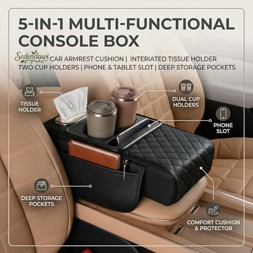Multifunctional PU Leather Car Armrest Box Mat, 5-in-1 Center Console Cushion Cover with Storage Box, Cup & Phone Slot & Tissue Holder, Universal Waterproof Interior Organizer (Black) - color: Black
