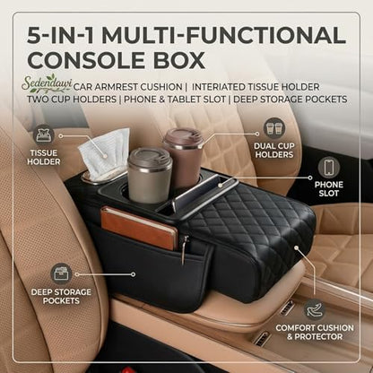 Multifunctional PU Leather Car Armrest Box Mat, 5-in-1 Center Console Cushion Cover with Storage Box, Cup & Phone Slot & Tissue Holder, Universal Waterproof Interior Organizer (Red) - color: Red