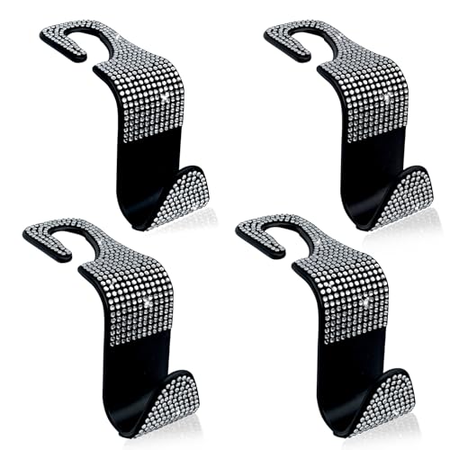 4PCS Car Hooks, Car Seat Headrest Hooks with Sparkling Rhinestone, Universal for Purse, Handbag, Grocery Bags and Coat Vehicle Accessories (White) - color: White