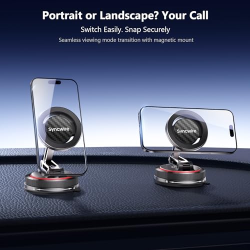 SYNCWIRE for MagSafe Car Mount [3-Axis] Nano Adhesive Gel + Strong Suction Cup Magnetic Phone Holder for Dashboard & Windshield, 360° Adjustable for iPhone 17 16 15 14 13 12, Samsung, Carbon Fiber - style: 3-Axis | Carbon Fiber