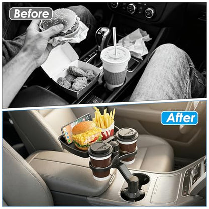 Biupky Car Cup Holder Expander, 4-in-1 Universal Cup Holder Tray Compatible with 2.6" to 3.94", Multi Cup Holders Table with Large Food Tray Phone Mount, for Travel Auto Trucker Road Trip Essentials