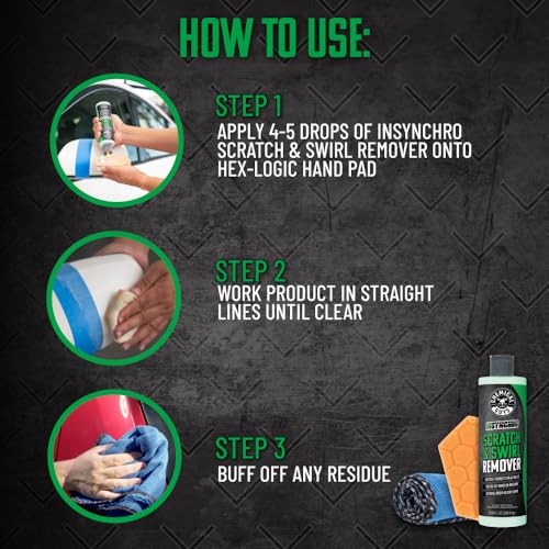 Chemical Guys Insynchro Scratch & Swirl Remover (8 oz) - Kit with Hex Logic Dual Sided Hand Polishing Pad and Monster Extreme Microfiber Towel for Paint Restoration and Gloss Enhancement