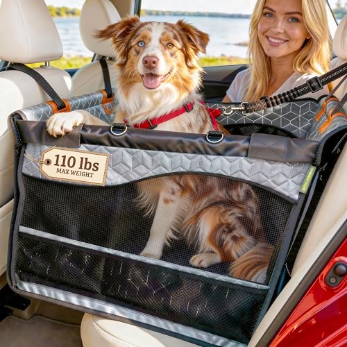 Dog Car Seat for Large Medium Dogs | Waterproof Dog Seat Cover for Back Seat with Hard Bottom | Alloy Twist-Lock Rods | 3 Mesh Windows | Removable Fleece Mat | Cars, SUVs, Trucks (Grey) - color: Grey