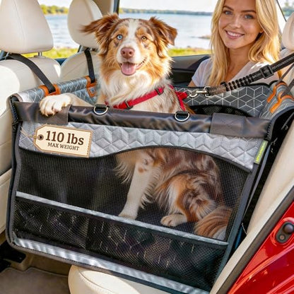 Dog Car Seat for Large Medium Dogs | Waterproof Dog Seat Cover for Back Seat with Hard Bottom | Alloy Twist-Lock Rods | 3 Mesh Windows | Removable Fleece Mat | Cars, SUVs, Trucks (Grey) - color: Grey
