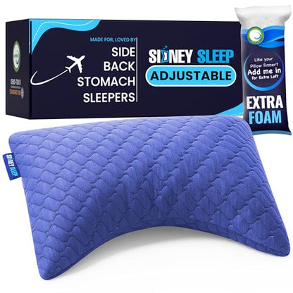 Sidney Sleep Mini Travel Size Neck Pillow - Knee, Back Lumbar and Support - Small Curved Pillow - Adjustable Fill - Washable Case - Drawstring Backpack Included - 14 x 19 Inches (Mini - Blue) - color: Blue, size: Travel Mini