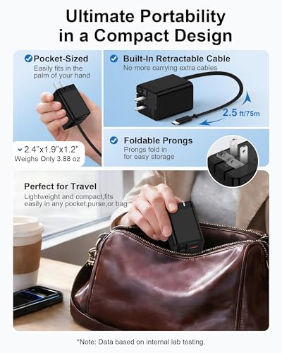 Retractable Car Charger USB-C for Samsung Galaxy S26 Ultra S26+ S25 S24 Apple iPhone 17e 17 Pro Max 16 Air, 47W Fast Car Charger Adapter + 35W Foldable Wall Plug - USB C Charging with Built-in Cables - color: Wall + Car Kit-Black