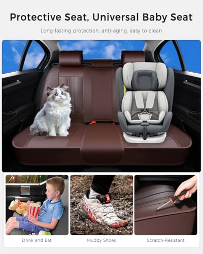 Huidasource Brown Back Seat Cover, Nappa Leather Rear Seat Cover with Ventilation Holes, Velcro Adjustable, Compatible with Seat Belts, Child Safety Seats, Fit for Most Cars SUV Truck, Brown - color: R# Brown, size: Back Seat Cover
