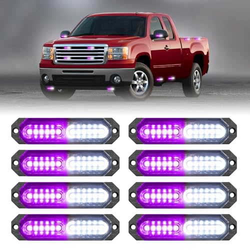 HLauto 1200T Emergency Strobe Grille Lights: 8pcs 12 LED Sync Feature Safety Warning Flashing Light, Ultra Slim Surface Mount Hazard Caution Light for Trucks, Vehicles, Car, ATV, UTV (Purple White) - color: Purple/White
