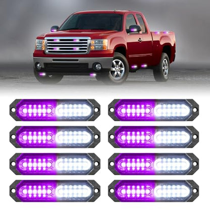 HLauto 1200T Emergency Strobe Grille Lights: 8pcs 12 LED Sync Feature Safety Warning Flashing Light, Ultra Slim Surface Mount Hazard Caution Light for Trucks, Vehicles, Car, ATV, UTV (Purple White) - color: Purple/White