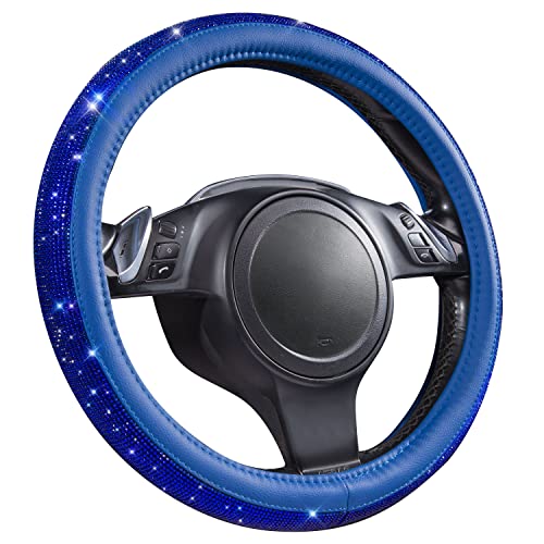 CAR PASS Bling Diamond Leather Steering Wheel Cover, with Bling Sparkly Crystal Glitter Rhinestones Universal Fit 14" 1/2-15" Car Wheel Protect for Women Girl Fit Suvs,Vans,Sedans,Cars,Trucks, Blue - color: Blue Leather Diamond