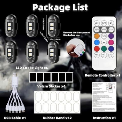 6PCS Wireless LED Strobe Lights with Remote Control, Wireless LED Warning Lights 8 Colors USB Charge IP65 Waterproof Anti-Collision, for Car Interior Motorcycle Bike Drone Car Truck RC Aircraft