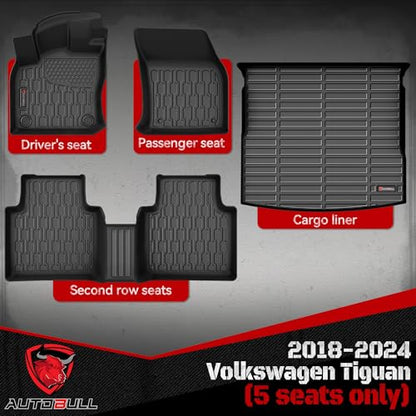 Floor Mats & Cargo Liner Compatible with 2018-2024 Volkswagen Tiguan 5 Seats ONLY VW Cargo Mat, Full Set All Weather Protection, 1st, 2nd Row Car Liners & Trunk Mat, Black - style: Volkswagen Tiguan 2018-2024
