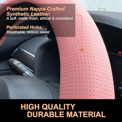 PINCTROT D Shaped Nappa Leather Steering Wheel Cover, Slim Fit No Bulk Design, One Piece Leather with Breathable Perforation, Fit Like Gloves, Flat Bottom 14.5-15 Inch(Nappa Pink) - color: 04.Pink, size: D Shaped/Flat Bottom[14 1/2''-15'']