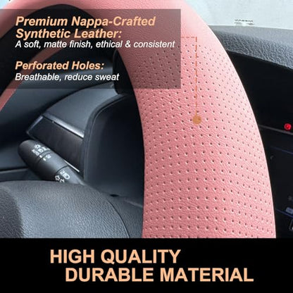 PINCTROT D Shaped Nappa Leather Steering Wheel Cover, Slim Fit No Bulk Design, One Piece Leather with Breathable Perforation, Fit Like Gloves, Flat Bottom 14.5-15 Inch(Nappa Pink) - color: 04.Pink, size: D Shaped/Flat Bottom[14 1/2''-15'']