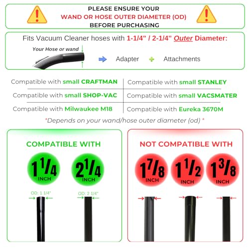 1.25 Inch Premium Soft Horse Hair Vacuum Brush Plus Vacuum Hose Adapter Kit Compatible with Shop Vac Hose 2-1/2'' & 1-1/4'' - Vacuum Attachment for Car Detailing, Furniture & Baseboards