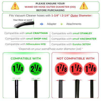 1.25 Inch Premium Soft Horse Hair Vacuum Brush Plus Vacuum Hose Adapter Kit Compatible with Shop Vac Hose 2-1/2'' & 1-1/4'' - Vacuum Attachment for Car Detailing, Furniture & Baseboards