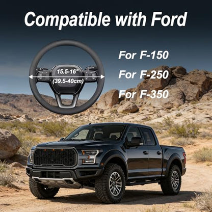 Luxury Microfiber Leather Steering Wheel Cover Compatible with Ford F-150 F-250 F-350, 15.5-16 Inch Non-Slip Breathable Interior Accessories, Comfortable Grip Anti-Slip (Black)