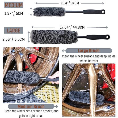 oesee Refined Long Handle Car Wheel Brush Arsenal, Soft Wheel and Rim Brush,Tire Brush, Bendable & Durable Car Wheel Rim Cleaner Brush Set for Cleaning Wheel and Tire, Large, Grey & Black - size: 4 Packs