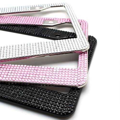 Bling Car License Plate Frame for Women, 2PCS Crystal Rhinestone Stainless Steel Vehicle Plate Holder, Glitter Diamond Sparkly Auto Plate Cover Accessories, Universal Fit (Black/Pink Bow) - color: Black/Pink Bow