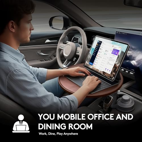 Car Desk for Laptop & Car Table Tray, Height-Adjustable 360° Rotating Wood Car Laptop Mount, Cup Holder Table, Steering Wheel Tray, Compatible with Tesla & Most Vehicles - color: Walnut