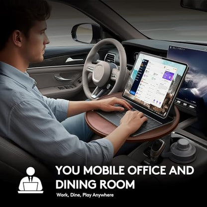 Car Desk for Laptop & Car Table Tray, Height-Adjustable 360° Rotating Wood Car Laptop Mount, Cup Holder Table, Steering Wheel Tray, Compatible with Tesla & Most Vehicles - color: Walnut