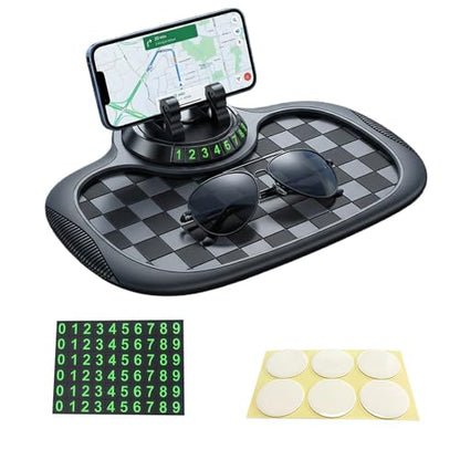 Multifunction Car Anti-Slip Mat, with Phone Holder, Temporary Parking Number and Large Pad, Rotatable 360° Anti-Skid Car Dashboard Pad for Phone, Sunglasses, Keys (Gray)