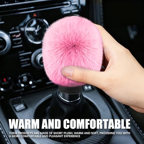 2PCS Plush Car Gear Shift Knob Cover & Handbrake Cover, Shift Knob Protector, Soft Fluffy Gear Handbrake Protective Sleeves, Shifter Lever Brake Handle Warm Plush Set for Cars (Pink) - color: Pink
