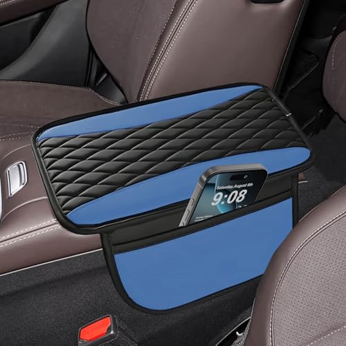 Center Console Cover, Patchwork Leather Arm Rest Cover with Storage Bag Thin Middle Console Cover Arm Rest Pad, Car with Side Storage Pocket for Car Seat Organizer for Sedan Car 12.7" x 7.5"(Blue) - color: blue