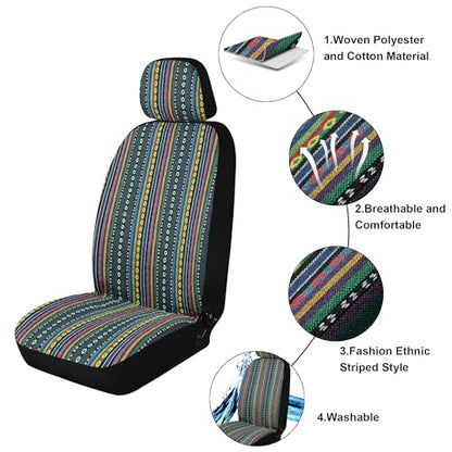 Baja Saddle Blanket Car Seat Covers, Boho Striped Woven Front Seat Protectors, Breathable & Washable Interior Covers, Universal Fit for Most Cars SUVs Trucks, Airbag Compatible, Green, 8 pcs. - color: GREEN