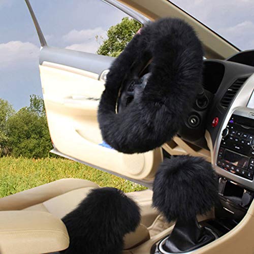 1 Set 3 Pcs Car Steering Wheel Cover & Handbrake Cover & Gear Shift Cover Set Faux Wool Warm Winter (Black-3pcs) - color: Black-3pcs