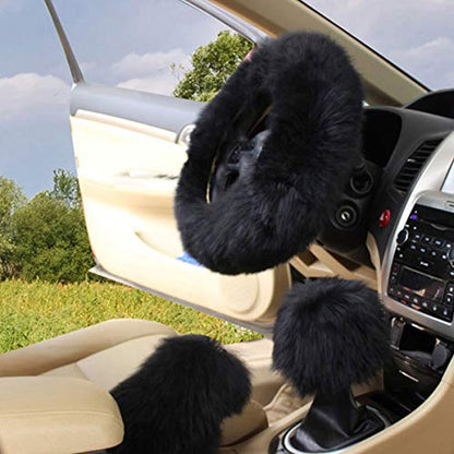 1 Set 3 Pcs Car Steering Wheel Cover & Handbrake Cover & Gear Shift Cover Set Faux Wool Warm Winter (Black-3pcs) - color: Black-3pcs