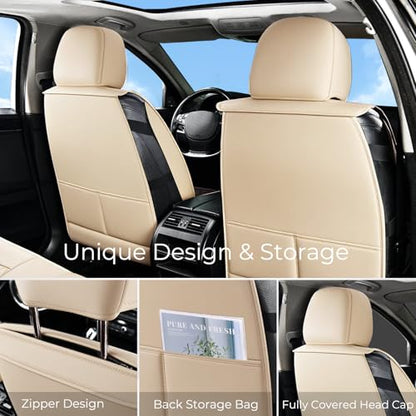 Huidasource Beige Seat Covers Full Set, Nappa Leather Seat Cover Hollow Design Airbag Pops, Front ＆ Back Seat, 5 Layers Seat Covers for Most Cars, Vans, Trucks, SUVs Universal Fit (Full Set/Beige) - color: 02FS# Beige, size: 5pcs Full Set
