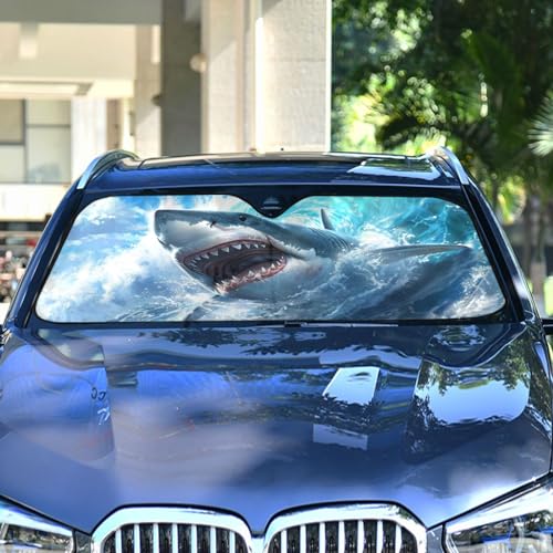Windshield Sun Shade Cute Shark Blue Ocean Wave Front Window Block UV Shades Visor Reflective Retractable for Car SUV Trucks - color: F005