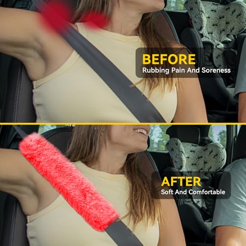 GAMPRO Car Seat Belt Pad Cover Kit, 2-Pack 13 inch Faux Rex Rabbit Fur Soft Comfortable Car Safety Seat Belt Strap Shoulder Pad for Adults and Children (Red) - color: Red