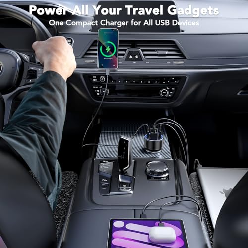 iPhone 17 Car Charger USB C Fast Charge Cable, 78W 4 Port Metal Car Phone Charger Adapter with Voltmeter PD 30W & QC3.0 Cigarette Lighter USB Adapter for iPhone 17/16/15, Galaxy, iPad, Android - color: Black & Cable