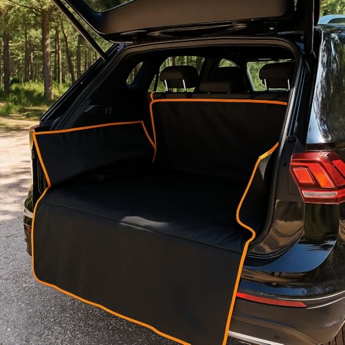 Heavy-Duty Non-Slip Trunk Cargo Liner, Waterproof All-Weather Rear Boot Mat Compatible with SUVs and Sedans, Scratchproof Pet and Cargo Protector, Black & Orange Trim