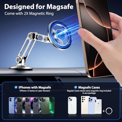 Ultra Magnetic Long-Arm Phone Holder Stand, Fits for MagSafe Car Mount Bracket【Windshield+Vent+Dash】, 360° Rotation Adjustable Strong Magnet Car Mount Desk Office Phone Cradle Holder, Silver - color: Silver