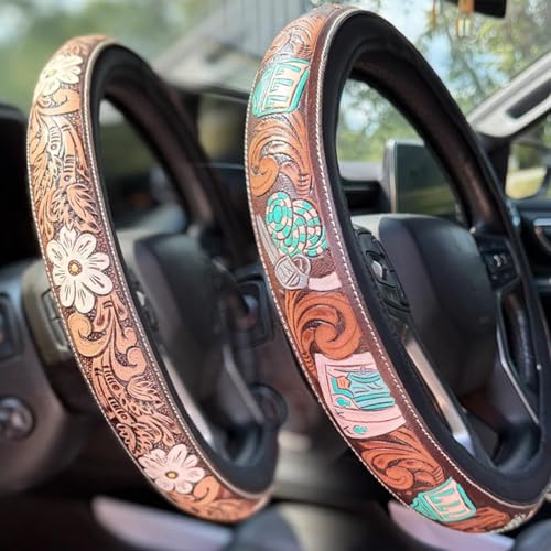 Western Cowboy Steering Wheel Cover Leather, Retro Car Tooled Leather Steering Wheel Cover, Embossed Hand-Painted Universal Anti-Slip - color: I Color