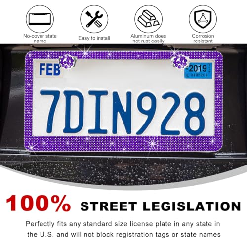 DXNQ Bling License Plate Frame, Sparkly Rhinestone Diamond License Plate Cover with Crystal Screws Caps, Glitter Crystal Stainless Steel License Plate Holder for Women, Car Accessories (Purple,2PCS) - color: Purple,2PCS