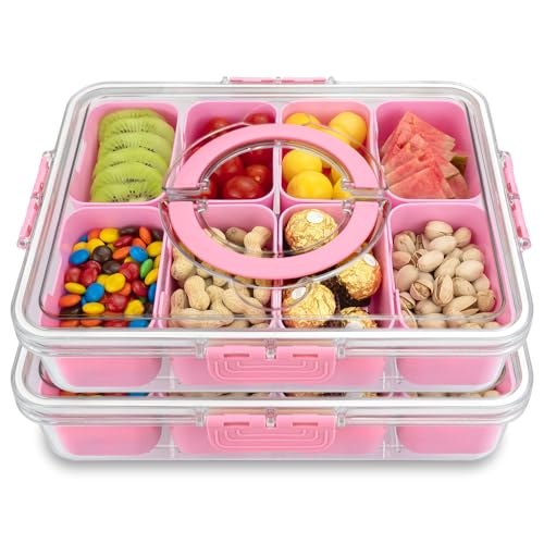 Divided Serving Tray with Lid and Handle,8 Compartments Snacks Box,Snack Fruit Tray,Veggie Tray,Portable Platter for Candy Fruits Nuts Snack Party Entertaining Picnic (2PCS Pink) - color: 2pcs Serving Tray-pink