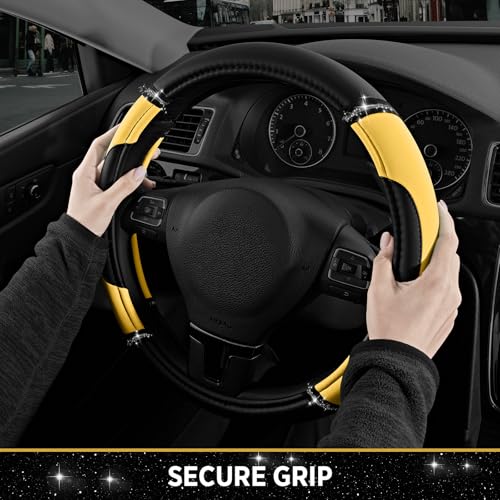 Road Comforts Leather Steering Wheel Cover - Made with PVC Leather - Anti-Slip, Universal Fit 14 1/2 inches to 15 inches - Yellow - color: Yellow