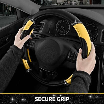 Road Comforts Leather Steering Wheel Cover - Made with PVC Leather - Anti-Slip, Universal Fit 14 1/2 inches to 15 inches - Yellow - color: Yellow