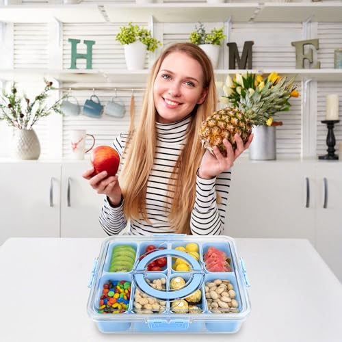 Divided Serving Tray with Lid and Handle,8 Compartments Snacks Box,Snack Fruit Veggie Tray,Portable Platter for Candy Fruits Nuts Snack Party Entertaining Picnic (Blue) - color: Blue-new-1