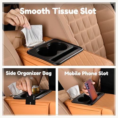Car Center Console Pad Leather Armrest Pad w/Cup Holder, Tissue Box Slot, Side Bag, Phone Slot for Car Sedans (Embossed, Coffee) - color: Coffee, style: Embossed