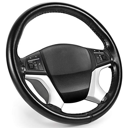 SEG Direct Genuine Leather Steering Wheel Cover, Stitch On Wrap, 15 Inch Steering Wheel Wrap for Car Truck SUV Pickup Boat, DIY Sewing with Needle Thread, Black - color: Black