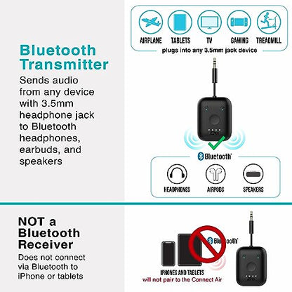 MEE audio Connect Air (2 PACK) in-Flight Bluetooth Wireless Audio Transmitter Adapter for up to 2 AirPods/Other Headphones; Works with All 3.5mm Aux Jacks on Airplanes, Gym, TVs, & Gaming, Black&White - color: 2PK Black+White, style: Connect Air