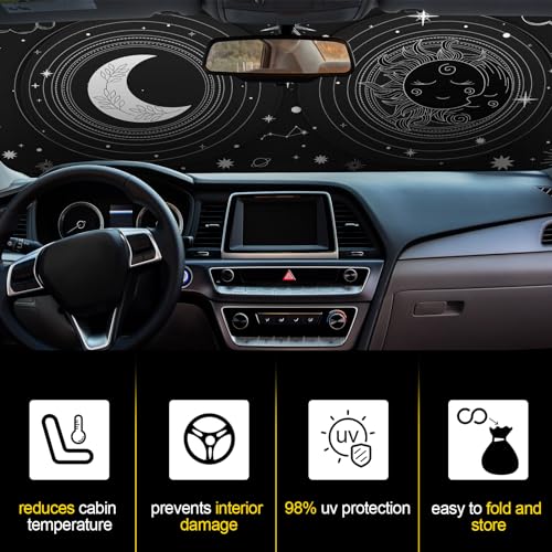 Windshield Sun Shade Foldable Car Front Window Covers for Car Accessories Sun Heat UV Rays Visor Protector Protection for Universal Cars SUV Truck (Sun Moon) - style: Sun Moon
