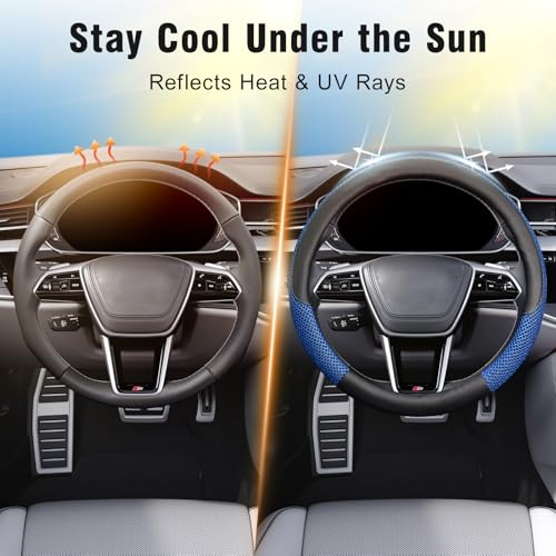 KAFEEK Steering Wheel Cover, Universal 15 inch, Microfiber Leather Viscose, Breathable, Anti-Slip,Warm in Winter and Cool in Summer, Black&Blue - color: blue, size: Standard Size[14.5"-15"]