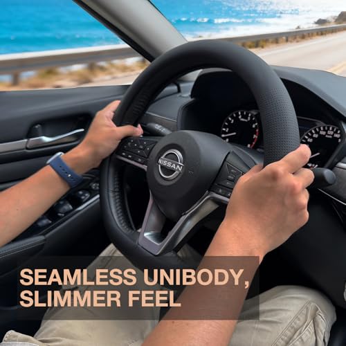PINCTROT D Shaped Nappa Leather Steering Wheel Cover, Slim Fit No Bulk Design, One Piece Leather with Breathable Perforation, Fit Like Gloves, Flat Bottom 14.5-15 Inch(Nappa Black) - color: 01.Black, size: D Shaped/Flat Bottom[14 1/2''-15'']